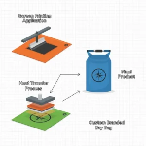 A graphic representation of the screen printing and heat transfer process used to apply custom company logos onto outdoor dry bags.