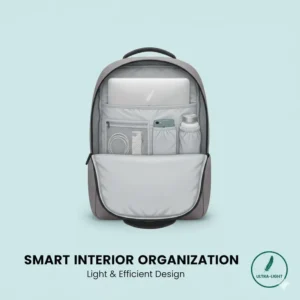 Top-down view showing the smart interior compartments and laptop sleeve of the lightest laptop backpack.