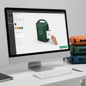 A desktop computer showing a 3D design interface used to create and preview custom dry bags with company logos.