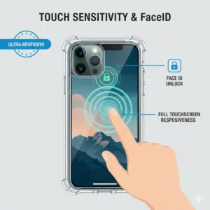 Close-up of FaceID and touch screen responsiveness through a waterproof phone case iphone 14 pro max.