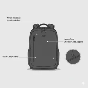A graphic highlighting the water-resistant premium fabric and heavy-duty zippers of the july backpack.