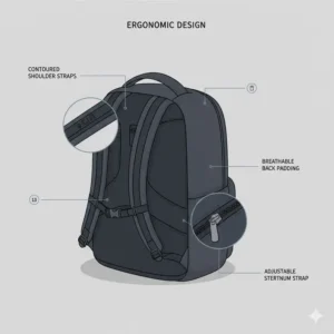 Graphic highlighting the ergonomic shoulder straps and back padding of the july carry all backpack series 2.