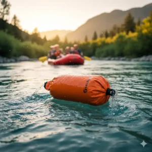A bright orange sealine drybag floating on the water's surface during a rafting trip.