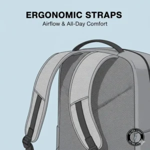 Detailed view of the breathable ergonomic shoulder straps on the lightest laptop backpack.