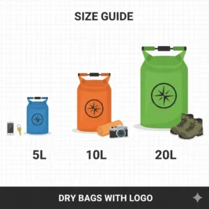 A comparison chart showing various sizes (5L, 10L, and 20L) of branded dry bags with a logo next to common items like phones and towels.