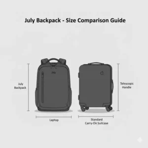 A size comparison chart showing the july backpack relative to a standard carry-on suitcase.