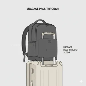 Visual guide on how the july carry all backpack series 2 fits onto a suitcase handle via the luggage sleeve.