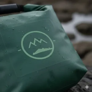 A close-up shot of the high-quality waterproof material and reinforced seams of green custom dry bags.
