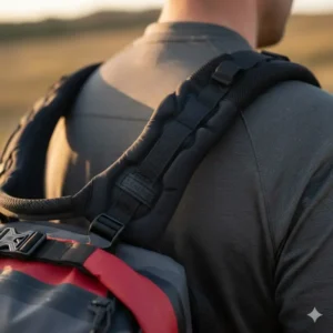 Ergonomic padded shoulder straps on a sealine drybag for comfortable hiking and portaging.