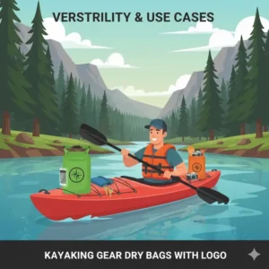 An illustration of a kayaker using personalized dry bags with a logo to keep electronics and dry clothes safe during water sports.