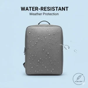 Water droplets on the surface of the lightest laptop backpack demonstrating its weather-resistant coating.