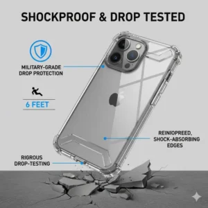 Military-grade drop testing and shockproof edges of a waterproof phone case iphone 14 pro max.