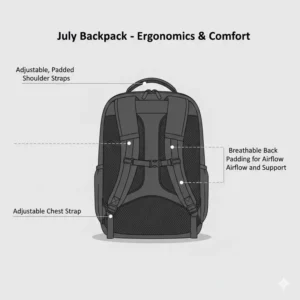 Diagram showcasing the breathable back padding and adjustable shoulder straps of the july backpack for ergonomic support.