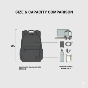 Size and capacity comparison showing the july carry all backpack series 2 next to daily travel essentials.