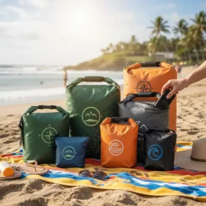 Multiple custom dry bags placed on a beach towel with sunlight, showing their use for travel and outdoor activities.