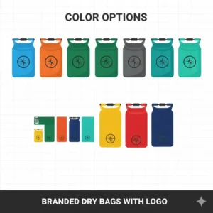 A vibrant display of different color options available for bulk orders of dry bags with a custom logo.