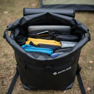 View looking inside an open sealine drybag packed with dry clothes and electronic equipment.