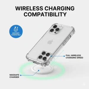 An iPhone being charged on a MagSafe charger while inside a waterproof phone case iphone 14 pro max.