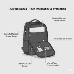 Illustration of the padded 16-inch laptop compartment inside the july backpack.