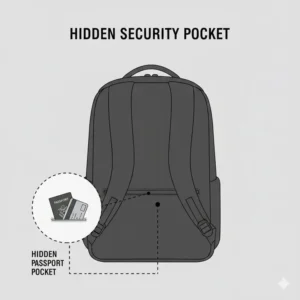 Detailed view of the hidden passport security pocket on the back of the july carry all backpack series 2.