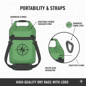 An illustration focusing on the reinforced D-rings and adjustable shoulder straps on high-quality dry bags with a brand logo.