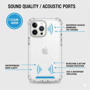 Detail of the waterproof acoustic membranes for clear audio on a waterproof phone case iphone 14 pro max.