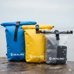 A lineup of sealine drybag products in multiple colors including blue, yellow, and transparent vinyl.