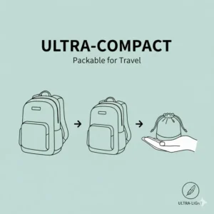 An illustration showing how the lightest laptop backpack can be folded into a small compact pouch for travel.