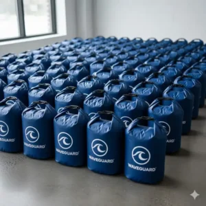 A large warehouse floor filled with rows of blue custom dry bags ready for wholesale distribution and corporate branding.
