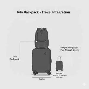 A graphic showing the july backpack being secured to a suitcase handle using its integrated luggage pass-through sleeve.