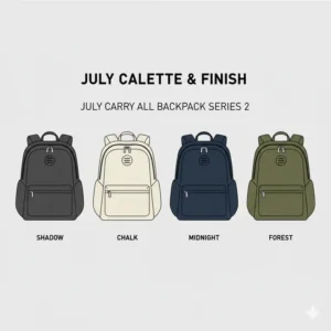 An overview of all available colors and premium finishes for the july carry all backpack series 2.