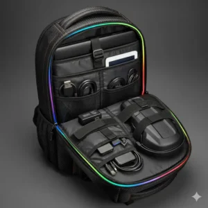 Interior view of the best gaming backpack showing dedicated padded sleeves for a laptop and organized cable management.