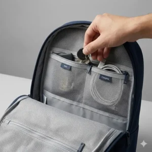 Detailed illustration of the july carry all backpack interior featuring multiple mesh organizers and zippered compartments for travel essentials.