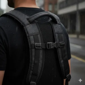 Close-up of thick breathable mesh shoulder straps on the best gaming backpack for long-distance comfort.