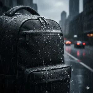 Water-resistant ballistic nylon exterior of the best gaming backpack protecting electronics from rain.
