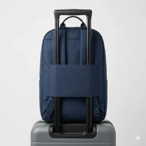 Illustration showing the july carry all backpack securely attached to a suitcase handle using its integrated luggage pass-through strap.