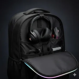 The best gaming backpack featuring a built-in interior hook for a headset and a specialized pocket for a mouse.