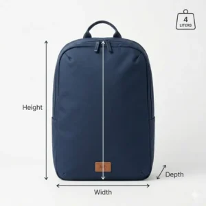 A scale illustration of the july carry all backpack showing height, width, and depth measurements for airline carry-on compliance.