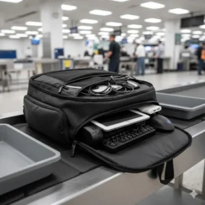 A TSA-friendly best gaming backpack laid flat at an airport security checkpoint for easy scanning.