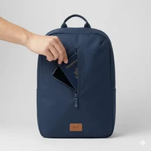 Illustration of the hidden external pocket on the july carry all backpack, designed for safely storing passports and smartphones during transit.