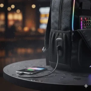 Side view of the best gaming backpack with an integrated USB charging port connected to a smartphone.