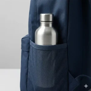 Close-up illustration of the expandable side pocket of a july carry all backpack holding a reusable water bottle.