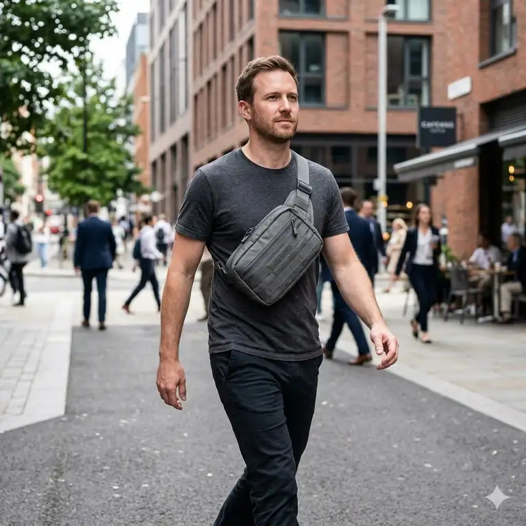 A person wearing a discreet grey tactical sling bag in an urban setting, showcasing the best concealed carry sling bag for daily use.