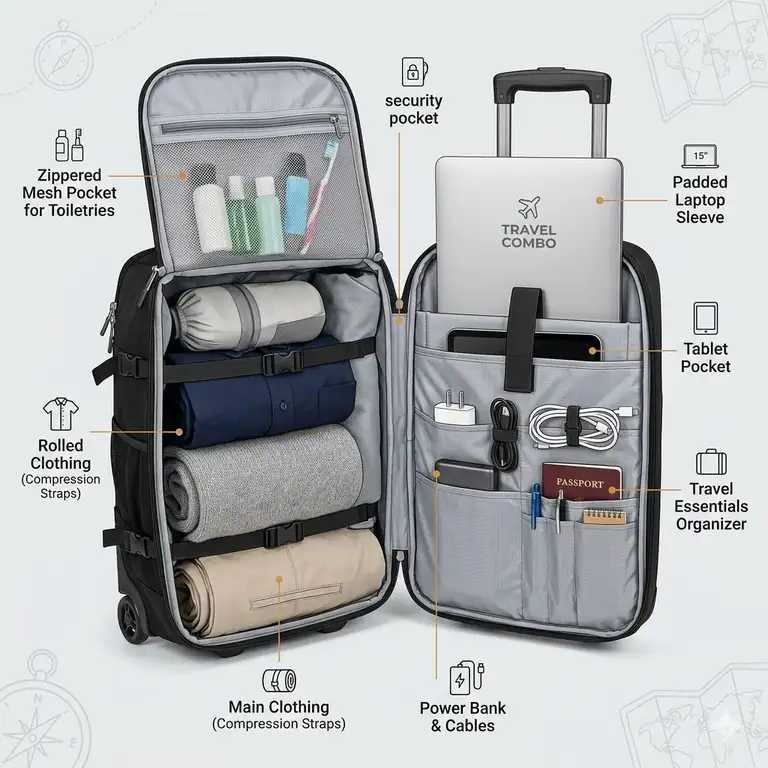 A traveler walking through an airport terminal with a versatile luggage backpack combo.