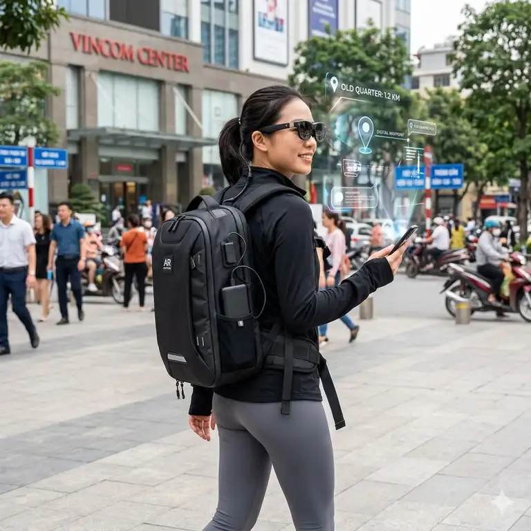 A person wearing a sleek ar backpack while using augmented reality glasses in an urban setting.