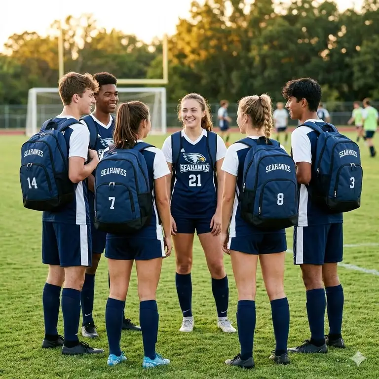 A sports team standing on a field wearing matching custom team backpacks with their logo.