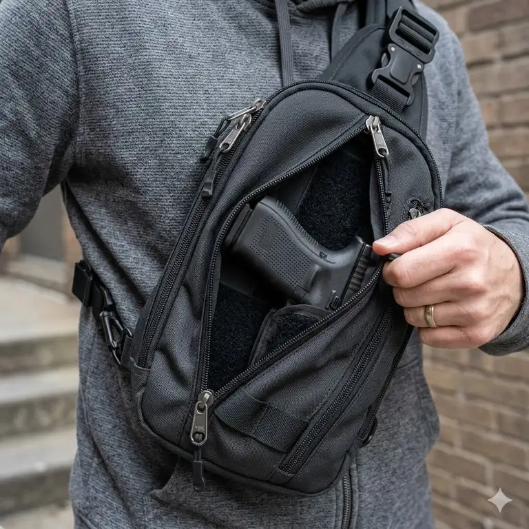 A person wearing a black concealed carry sling pack over a grey hoodie in an urban outdoor setting.