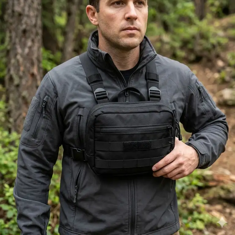 A person wearing a black concealed carry chest bag over a tactical jacket in an outdoor setting.
