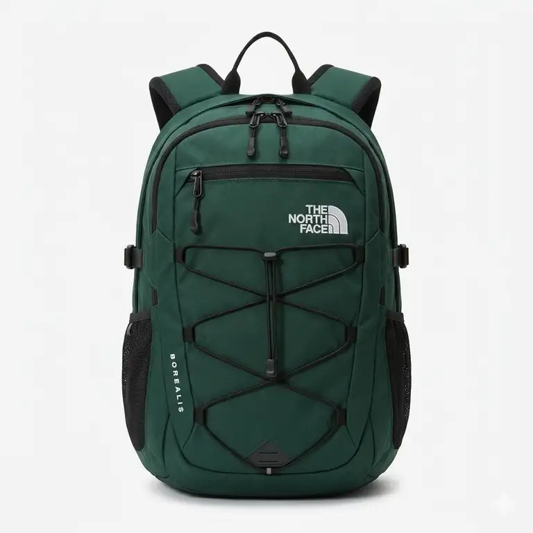 A front view of a professional green the north face backpack on a white background.