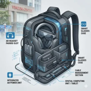 Interior view of an ar backpack showing specialized padded compartments for headsets and processors.